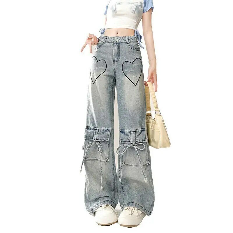 Spodnie z wieloma kieszeniami miłosne sznurówki z wysokim stanem 2024 niebieskie damskie modne Harajuku dżinsy z prostymi nogawkami luźne duże denimowe fartuchy