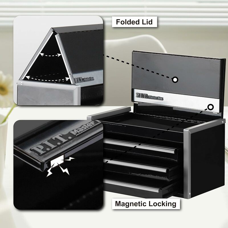 P.I.T. Mini caja de herramientas portátil de acero de 3 cajones, negra, bloqueo de pestañas magnéticas, Micro pecho superior con forro para almacenamiento, hogar, bricolaje, EE. UU.