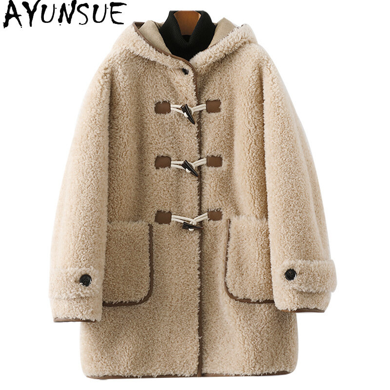 Ayunsue-女性用の長さのフード付きファーコート,100% 羊毛刈り機ジャケット,ウールコート,カジュアル,冬,2023
