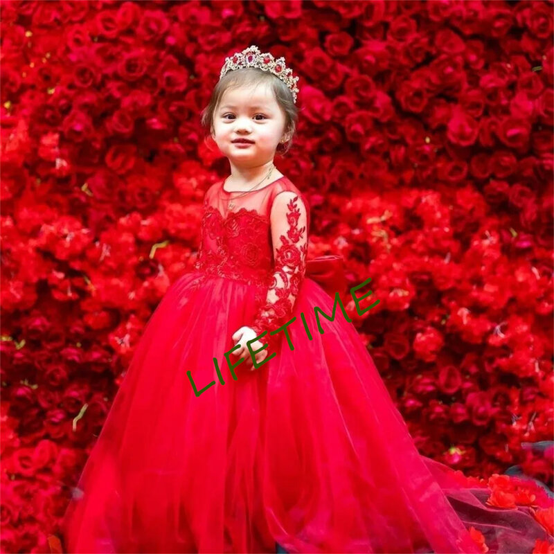 Rode Bloem Meisje Jurken Pluizige Schattige Rode Applique Strand Bruiloftsgasten Feest Prinsessenjurk Eerste Communie Kinderen Verjaardag