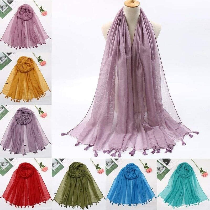 2024 kain katun Linen mewah baru syal rumbai Viscose Hijab Muslim mode wanita syal matahari dan syal warna solid jilbab lembut