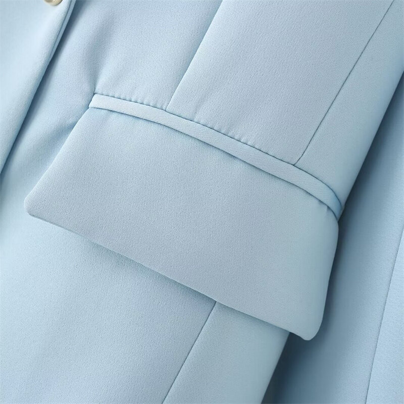 KEYANKETIAN 2024 New Launch Women's Sky Blue Casual Suit Spring Double Breasted Flap Pockets Seam Detail  Office Lady Outerwear