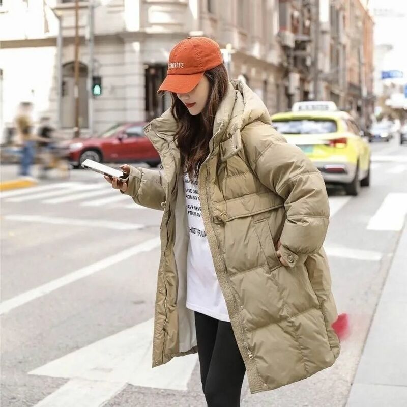 화이트 덕 다운 겨울 여성 코트, 루즈 후드, 두꺼운 웜 다운 재킷, 중간 길이, 한국 버전, 여성 파카, 신상