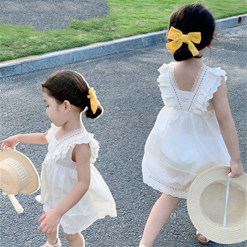 Летние Детские платья для девочек, приятное на ощупь дышащее модное милое кружевное платье принцессы без рукавов для девочек, одежда