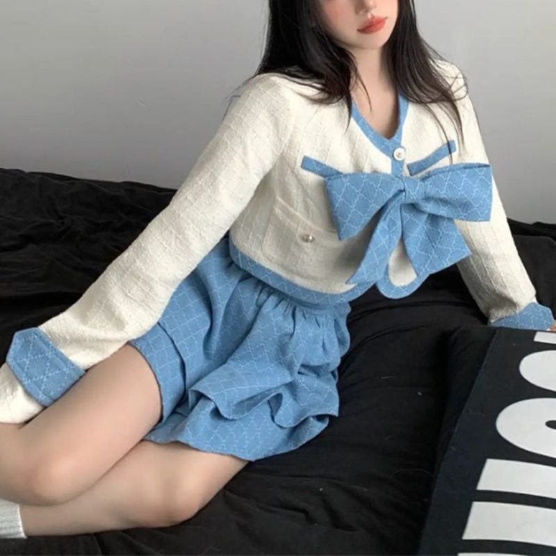 Winter Blue Elegant Two Piece Set Women Bow Patchwork Kawaii Party Mini Skirt Suit Female Korean Fashion Sweet Skirt Set 2023