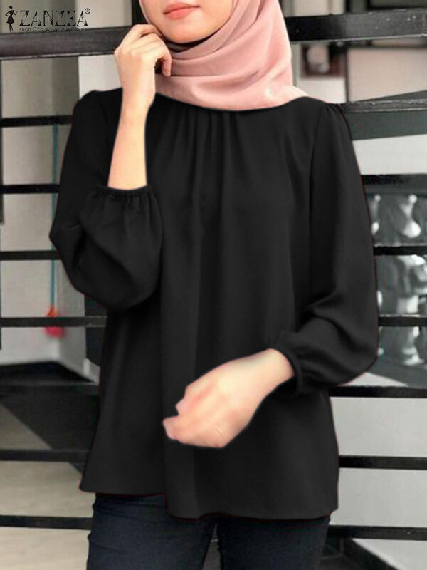 Elegant Women O Neck Long Sleeve Solid Blouse ZANZEA Fashion Autumn Muslim Shirt Casual Dubai Turkey Abaya Hijab Top Eid Mubarek