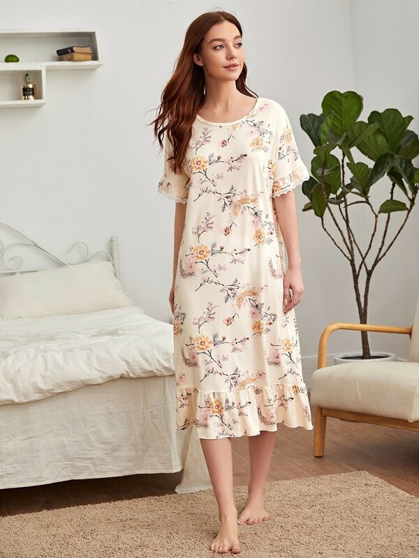 Femminile nuovo All Over Print Flower Nightwear Summer Milk Silk Homewear sottile manica corta pigiama lungo allentato per le donne girocollo