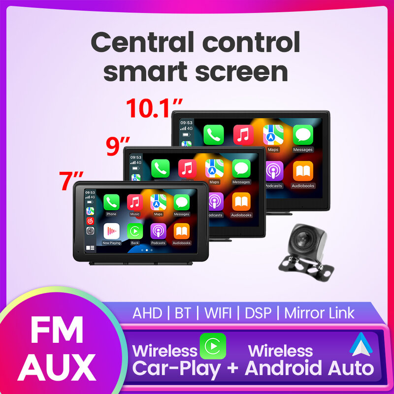 Écran intelligent de contrôle central universel, FM, AUX, Carplay, Android Auto, prise en charge sans fil, DSP, SD Mirror Link, AHD, WiFi, BT, 7 pouces, 9 pouces, 10.1 pouces