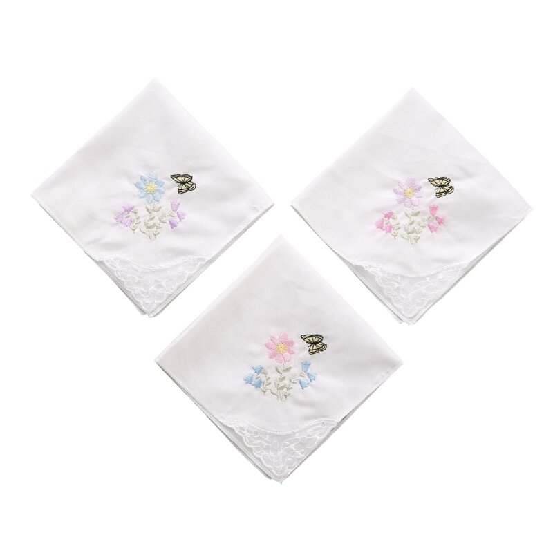 Ladies Vintage Floral Lace Edging Handkerchiefs Cotton Flower Hanky for Party