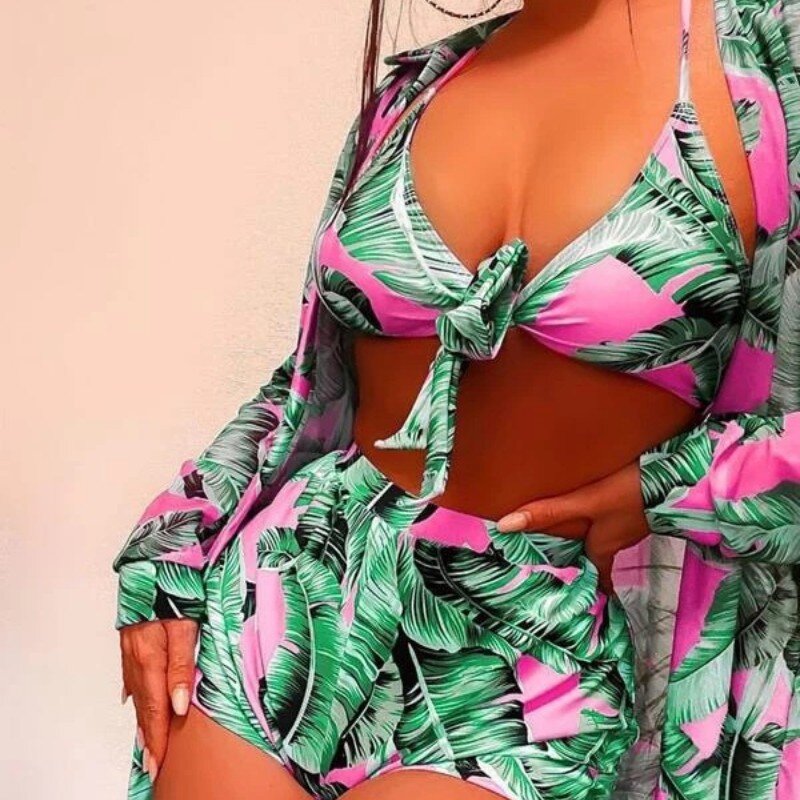 2023 Fashion New costume da bagno verde floreale Sexy Set di tre pezzi Draw Rope Lace-Up Designer Style Bikini Soak In Hot Spring