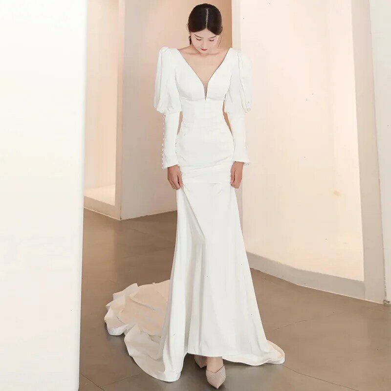 Gaun pernikahan tanpa lengan gading duyung sederhana gaun pesta leher-v renda 2024 gaun pesta noda