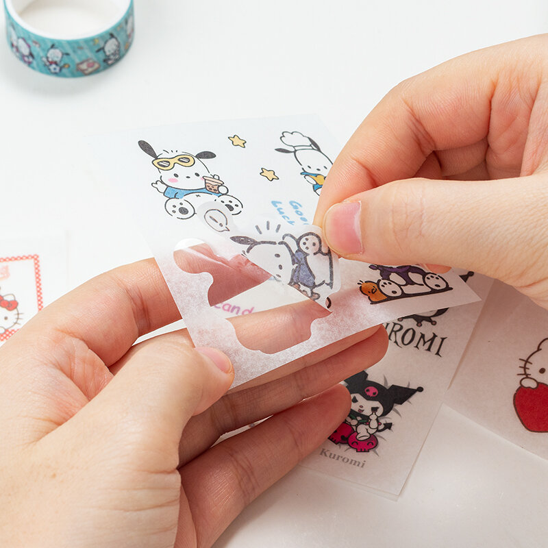 Sanrio Sticker Roll Gift Box para crianças, bonito Hello Kitty, Cinnamoroll, Kuromi My Melody, Pompompurin, fita adesiva de mão, brinquedos decalque