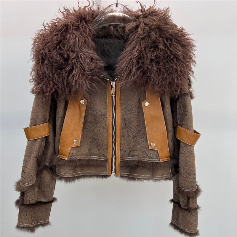 2023 Winter New Genuine Fur Coat Women Double Faced Rabbit Fur Jacket Fashion Wool Collar Lapel Moto Biker Style Jacket Y3067