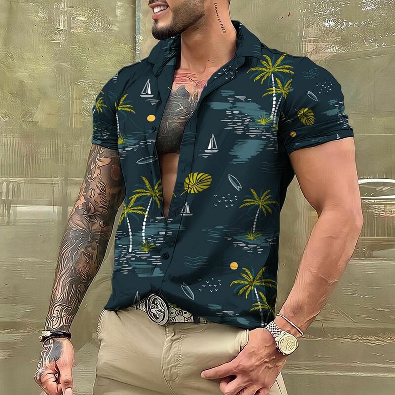 Мужская гавайская рубашка с принтом кокосового дерева, Пляжная модная футболка с коротким рукавом, размеры до 5xl, 2024