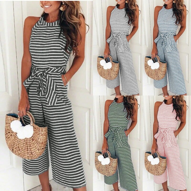 Women'S Summer New Jumpsuits Fashion Slim Fit Round Neck Sleeveless Tops Loose Wide Leg Striped Lace-Up Jumpsuit With Pockets