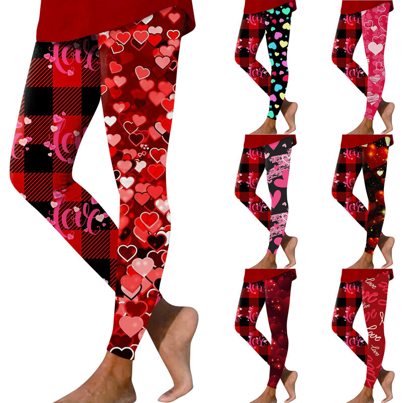 Women Leggings High Waist Sport Gym Fitness Ladies Valentine's Day Plaid Print Slim Elastic Yoga Pants Female Cropped Pants