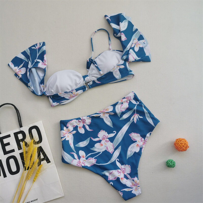 Conjunto de Bikinis de cintura alta para mujer, traje de baño con volantes florales, bañador de vacaciones, microtanga, traje de baño Bandeau brasileño para playa