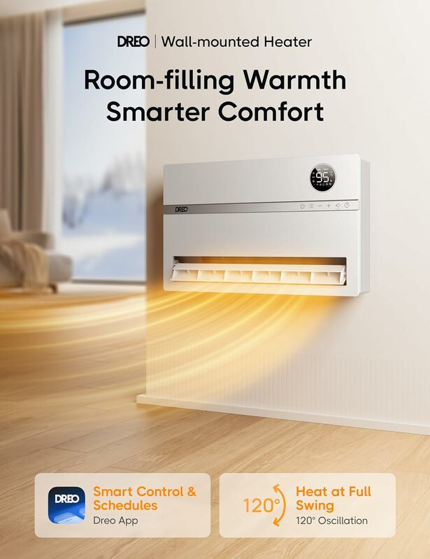 Smart Wall Heater, Electric Space Heater for Bedroom 1500W, Adjustable Thermostat, Remote Control, 24H Timer