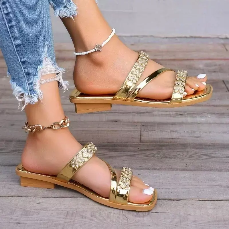 Shoes for Women 2024 High Quality Modern Women Slippers Summer Dress Slippers Women Crystal Square Heel Open Toe Shoes Females