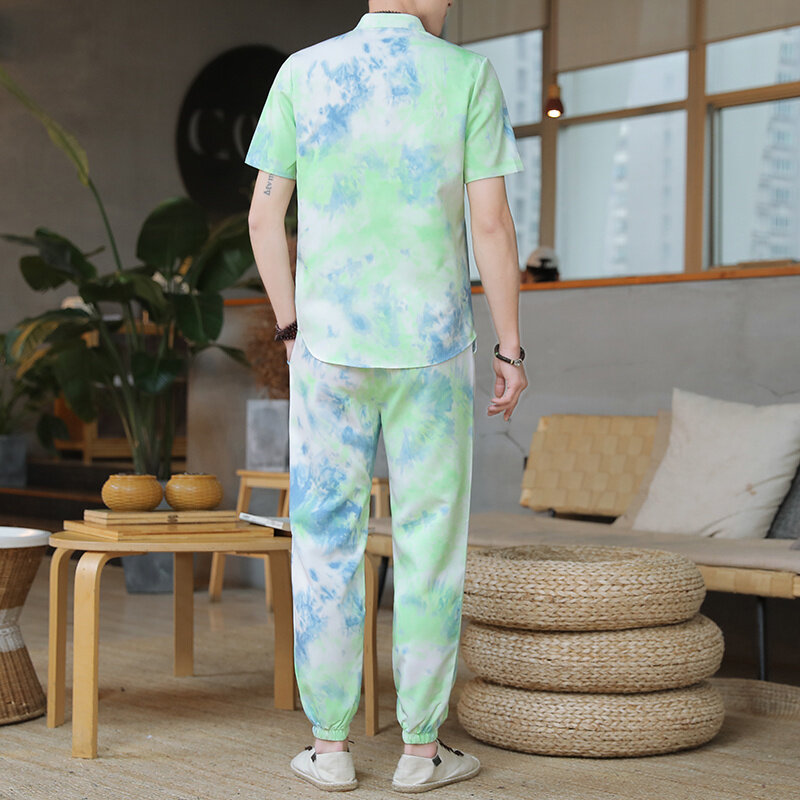 Camisa de manga corta para hombre, traje informal de dos piezas con cintura elástica, a la moda, para verano, M-5XL TZ09, 2023