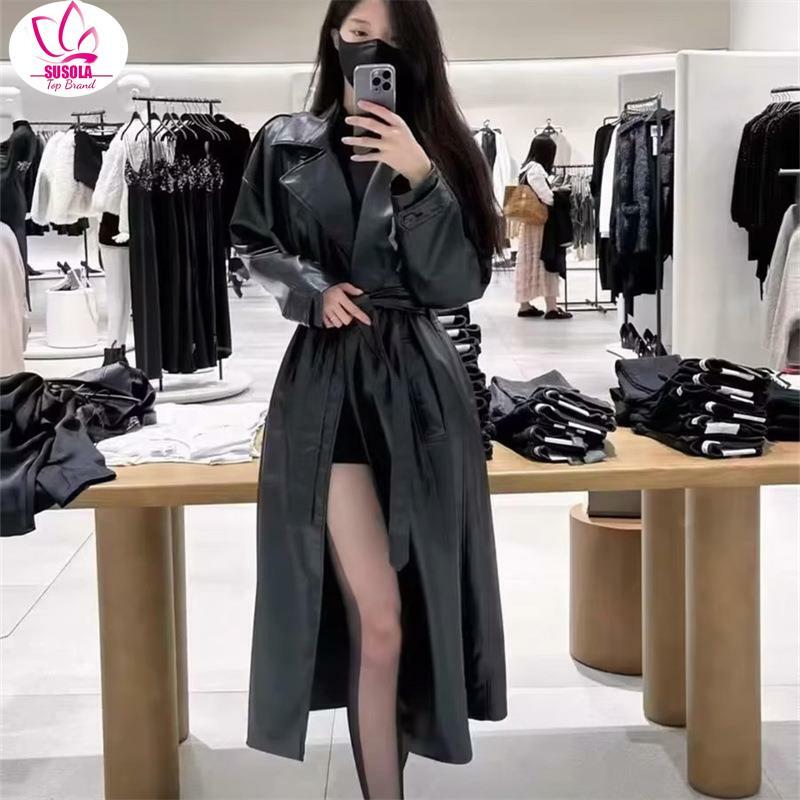 SUSOLA-Manteau long en cuir PU patchwork noir pour femme, double boutonnage, vêtements de créateurs de luxe, automne, 2024