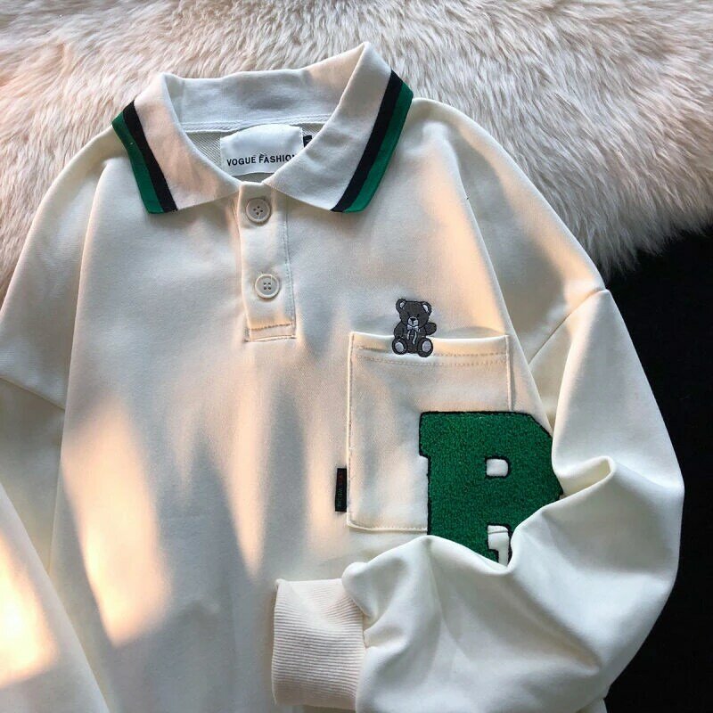 Harajuku 2022 Primavera Simples Bonito Bordado Bolso Camisa POLO Camisola Roupas para Adolescentes Japão Estilo Casual Estudantes