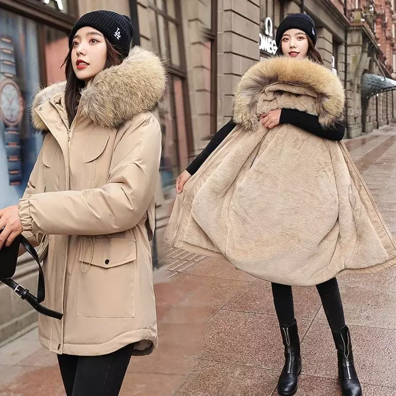 Jaket Parka bertudung wanita, jaket Parka berkerudung lapisan bulu katun hangat musim dingin 2023 gaya baru