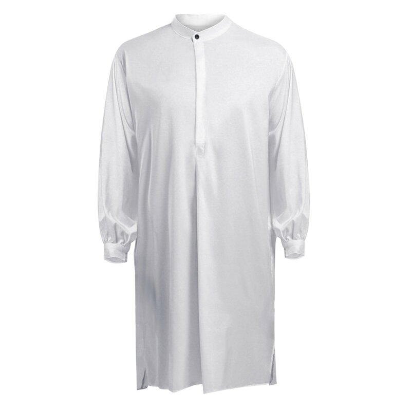 Muslim Men's Sleep Robes Solid Color Long Sleeve Cotton Nightgown O Neck Button Leisure Mens Comfort Bathrobes 2024 Eid Homewear