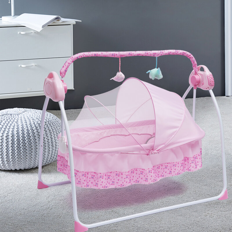 5-biegowe elektryczne Auto-Swing łóżeczko dziecięce kołyska łóżko do spania dla niemowląt Rocker + siatka z regulowaną muzyka Bluetooth muzyczną + mata