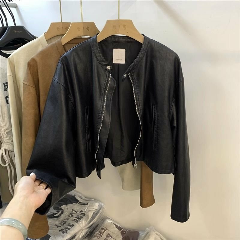 Jaket kulit wanita, atasan jaket hitam motor retro modis Korea awal musim gugur