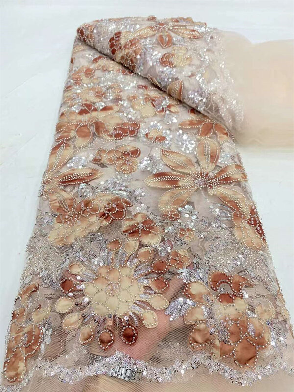 2024 kain renda Tulle Nigeria Afrika cantik kualitas tinggi dengan manik-manik buatan tangan kain renda manik-manik gaun Prom 5 yard