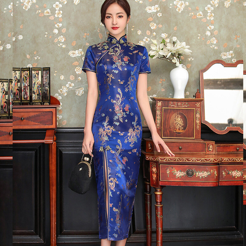 Vestido de Qipao estilo chinês feminino, tamanho grande, Cheongsam, vintage, clássico, Dragon e Phoenix, longo, sexy, 4XL