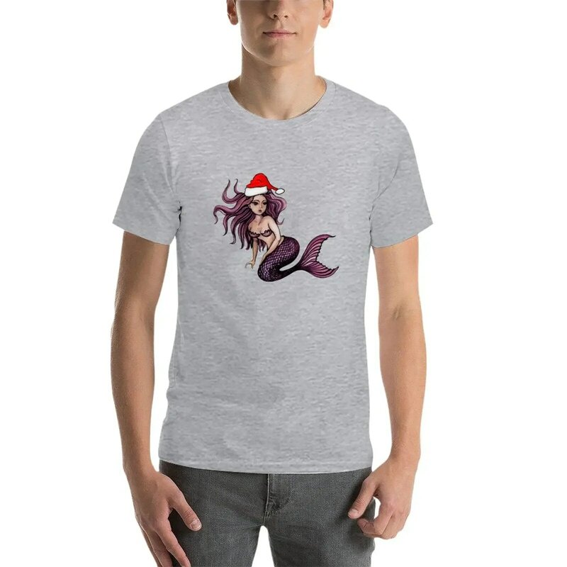 T-shirt de Noël sirène surdimensionné pour hommes, chemises noires, t-shirt lourd, grandes tailles