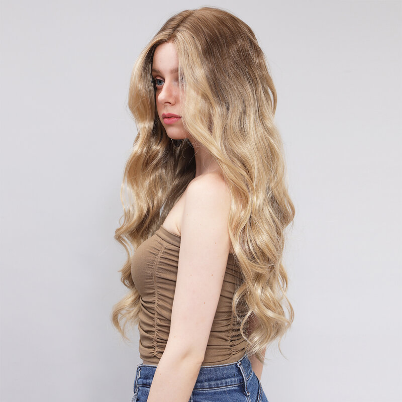 Smilco Blonde Wavy Lace Front Wig For Women Long Hair Synthetic T-Part 13X5X1 Lace Front Curly Wigs Daily Party Heat Resistant