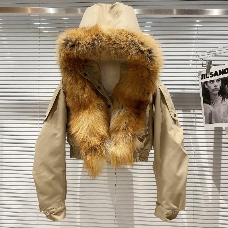 Chaqueta de piel con capucha para mujer, abrigo de algodón cálido de gran tamaño, cuello de piel de zorro, forro de piel de conejo, corto, invierno, 2022