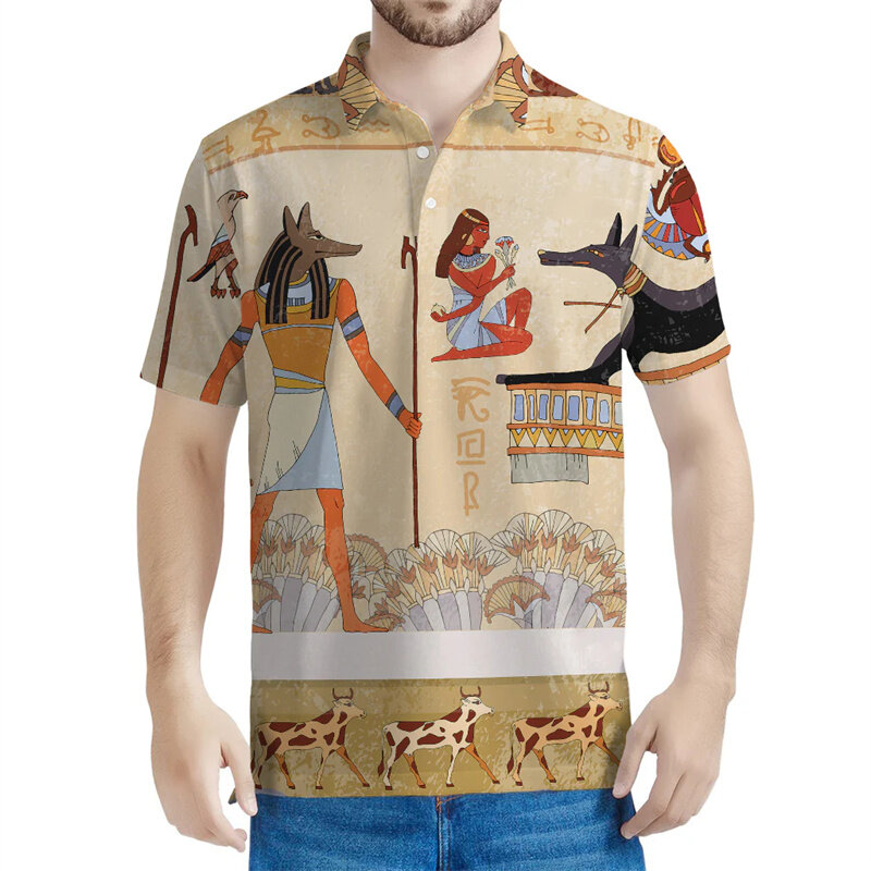 남성용 고대 이집트 패턴 폴로 셔츠, 3D 프린트 이집트 신 토템 단추 티, 캐주얼 스트리트웨어 티셔츠, 라펠 반팔