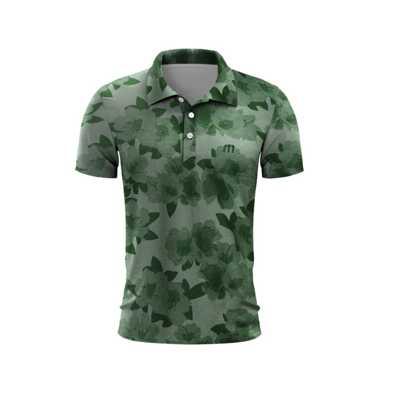 Kaus Polo Golf pria motif bunga, atasan cepat kering Kaos Polo kancing klub Golf musim panas