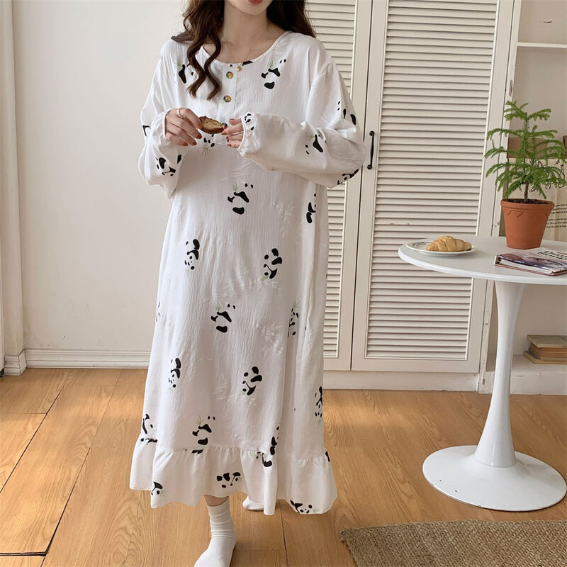 New Casual Round Neck Nightgowns Summer Thin Breathable Long-sleeved Nightdress Large Size Loose Sleepwear Girls' Print Homewear