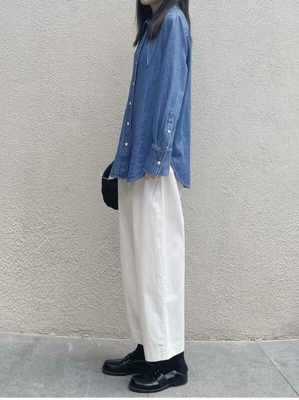 Traf, coleção primavera, camisa jeans feminina, moda estilista, ponta para um encaixe solto, camisa de algodão, 2024