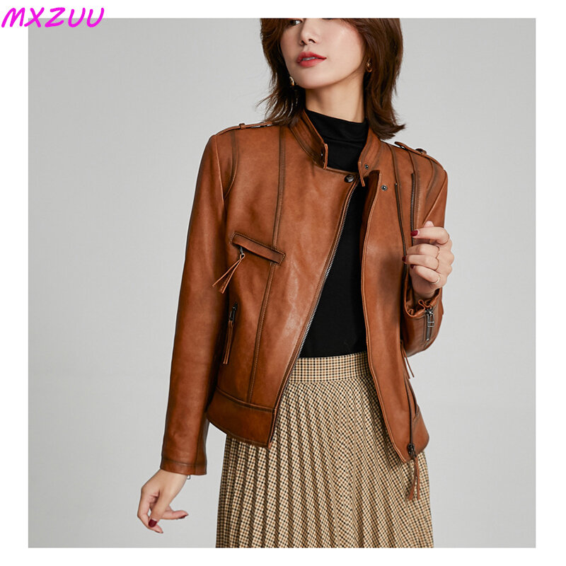 女性のための短い革のジャケット,ヨーロッパのスタイルのジャケット,シープスキン,黒のジッパー,ポケット