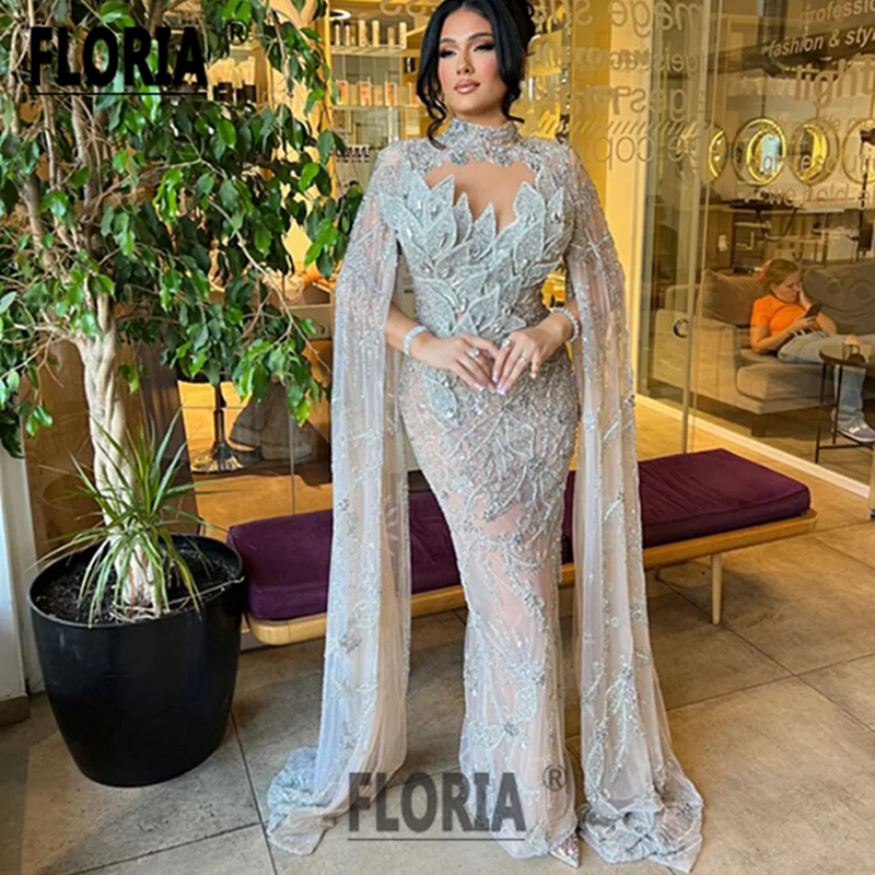 Luxe Dubai Mermaid Wedding Avondjurken Met Cape Kralen Crystal Partij Jassen Saudi Arabische Celebrity Dress 2023 Robe De Soiree