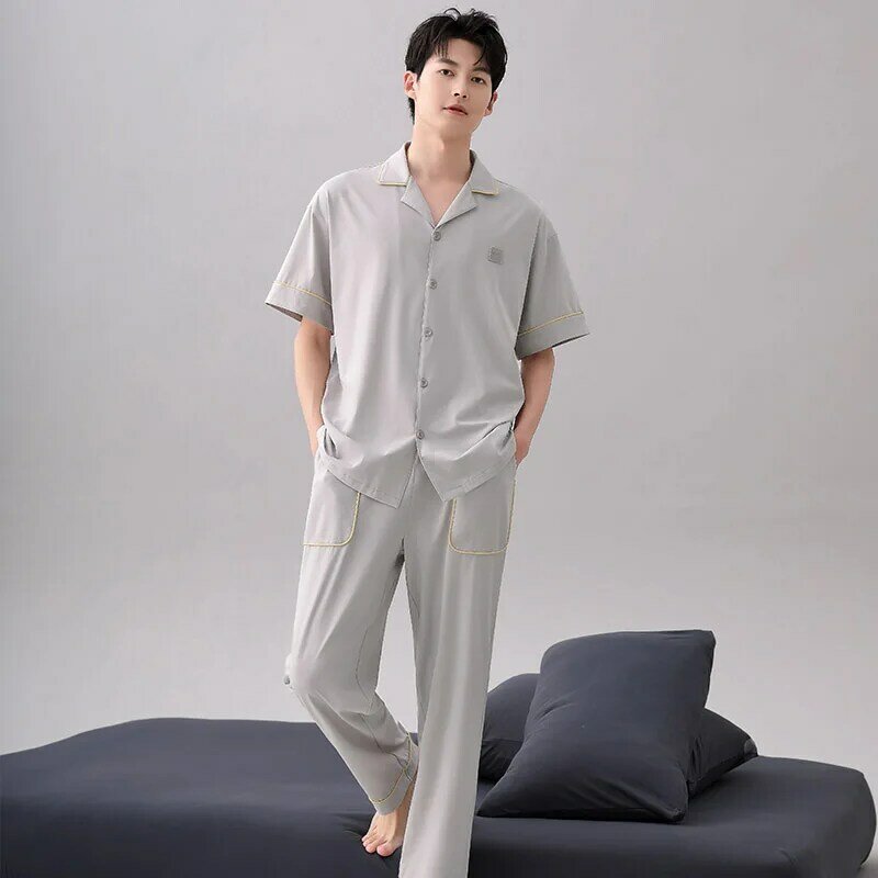 Men Pajama Sets Cotton Pijamas Hombre Sleepwear Short Sleeve Long Pants Summer Nightwear Male 2 Pieces Sets Cardigan Homewear