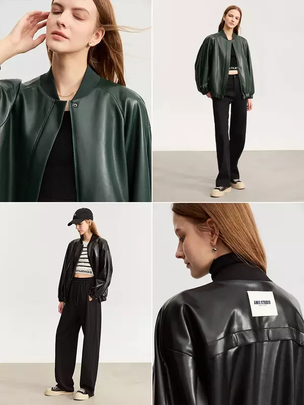 AMII Sporty Baseball Collar Women's Leather Winter New 2023 Loose Warm Jacket PU Leather Zipper Streetwear Lady Coat 12374005