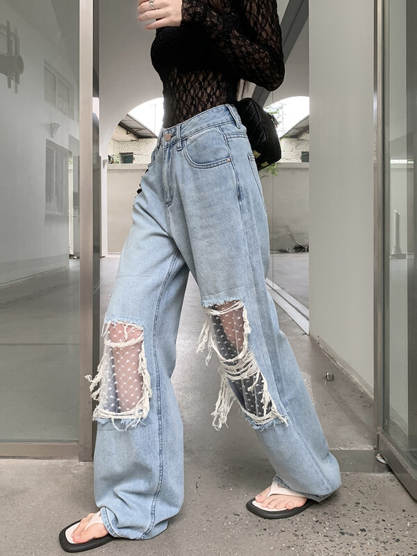 Women Blue Vintage Y2k Patchwork Lace Jeans Baggy Harajuku Ripped Denim Trousers Japanese 2000s Style Jean Pants Trashy Clothes