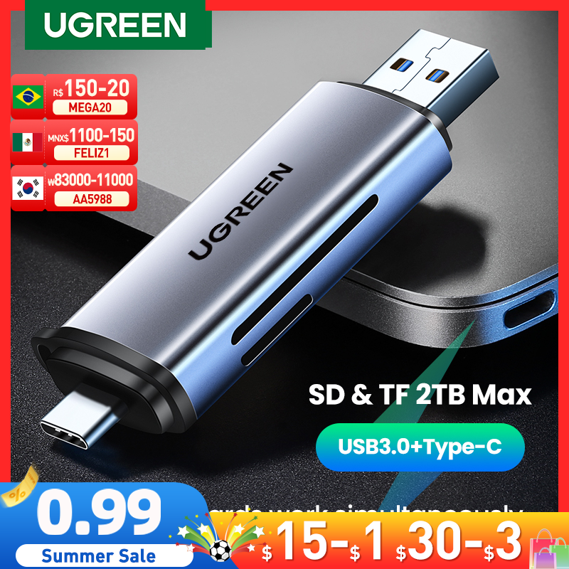 Pembaca Kartu UGREEN USB3.0 & Tipe C Ke SD MicroSD TF Thunderbolt 3 untuk Aksesori Laptop PC Memori Pintar Pembaca Kartu SD