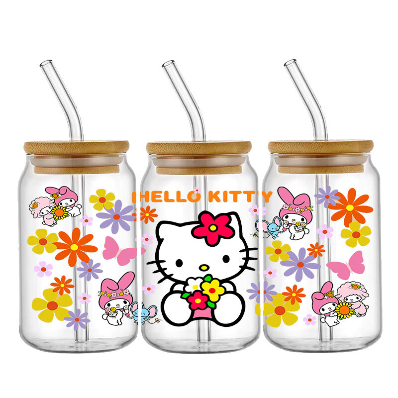 Sanrio-pegatina de Hello Kitty Kuromi, diseño del Día de San Valentín, UV, DTF, para envoltura de taza de 16 ozono, etiqueta adhesiva de transferencia, logotipo DIY, autoadhesivo