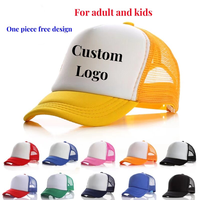 LOGO del marchio personalizzato personalità cappello da camionista con stampa fai da te per bambini berretto da Baseball a rete uomo donna visiera per cappello da sole regolabile in rete bianca