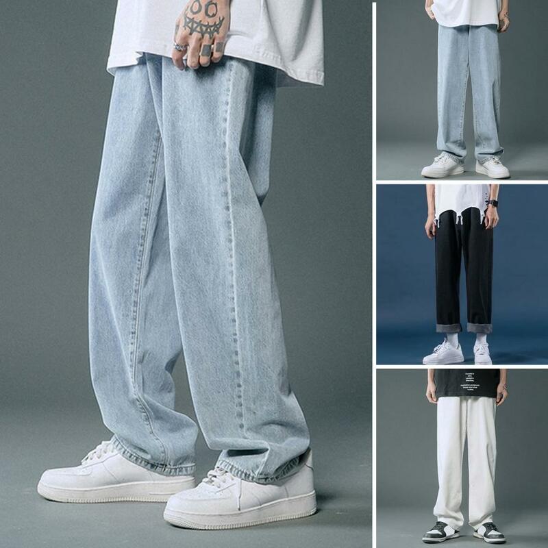 Men Loose Fit Jeans Men's Wide Leg Elastic Waist Ice Silk Jeans for School Sports Travel Loose Fit Casual Pants for Streetwear