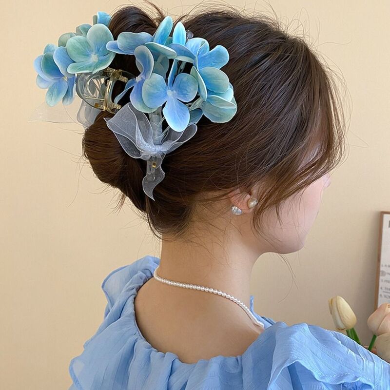 Cloth Flower Hair Claw Simulated Flower Ponytail Holder Sweet Hair Catches Headdress Mesh Bow Korean Style Hair Crab Clip Party