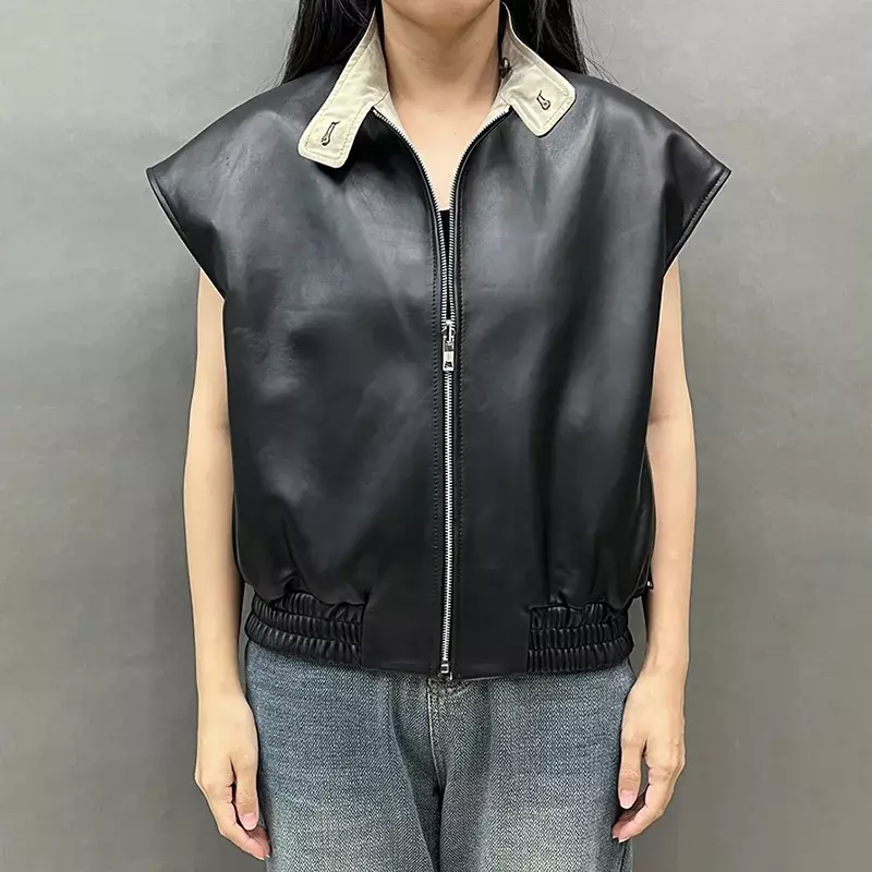 Autumn Women's Reversible Genuine Sheepskin Leather Vests Lady Fashion Real Lamb Leather Gilet Waistcoat